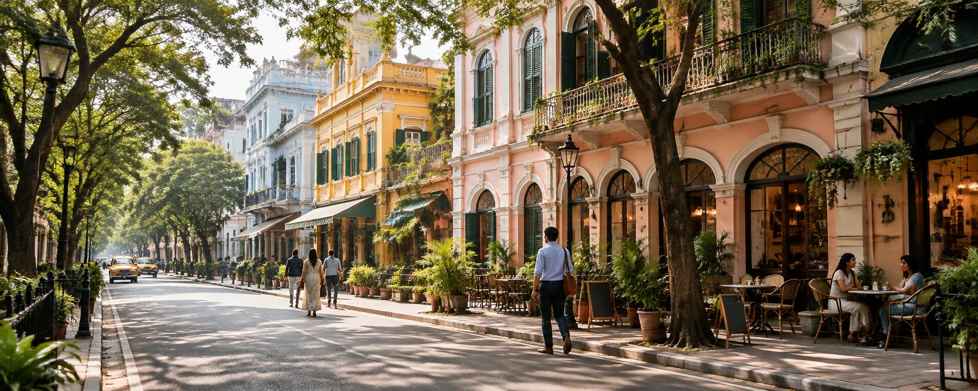 A leafy neighborhood street with local cafés and businesses
